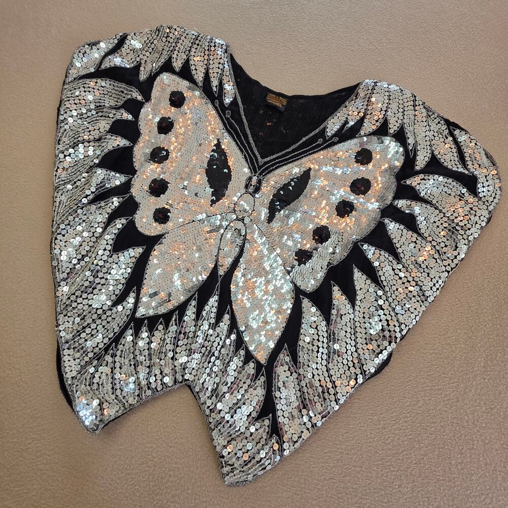 Rimppas Vintage 70s 80s Pure Silk Sequin Butterfly Top Blouse Black Silver Sz M